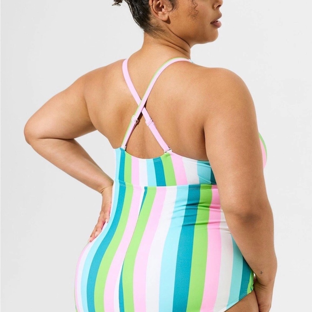 torrid Wireless Striped V-Neck One-Piece Swimsuit Palm Springs Stripe - Picture 2 of 13